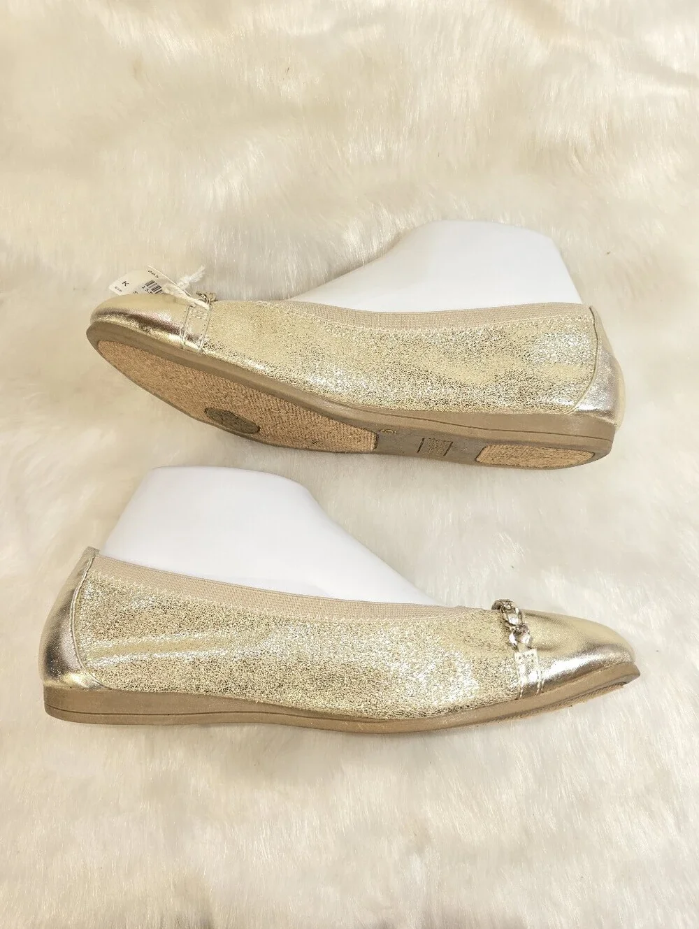 American Eagle Womens Gold Glitter Stretch Ballet Flats with Chain Trim